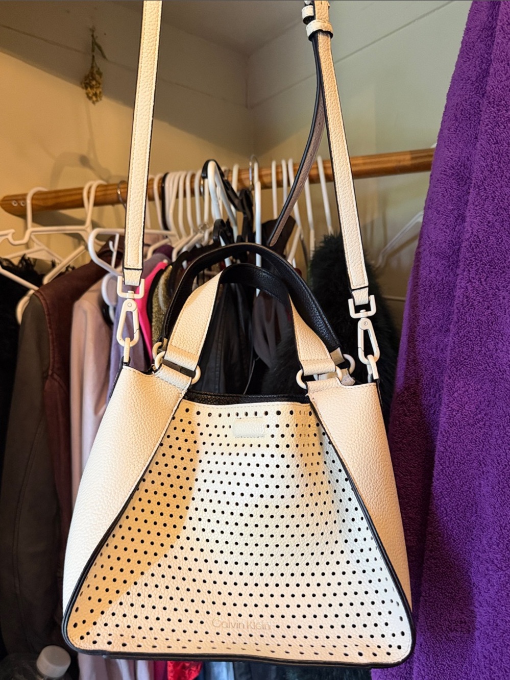 Calvin Klein Cream Perforated Estelle Leather Shoulder Tote with Black Trim
